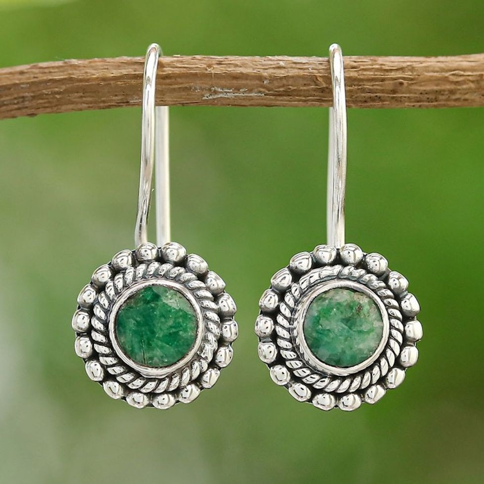 Polished Round One-Carat Green Sillimanite Drop Earrings 'Blooming Green'