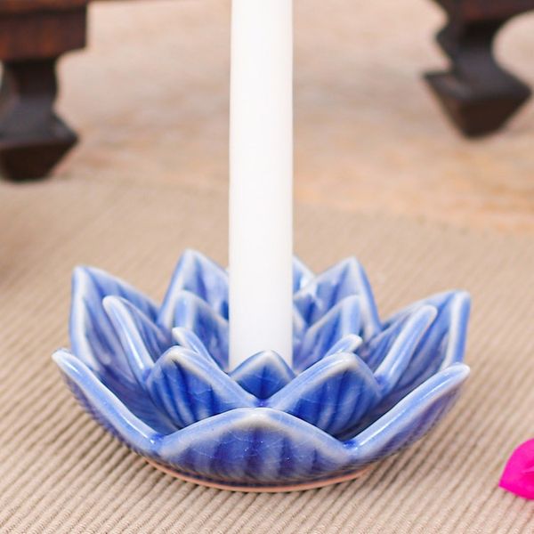 Alternate image for Blue Celadon Ceramic Candle Holder Handmade in Thailand Lotus Flower in Blue