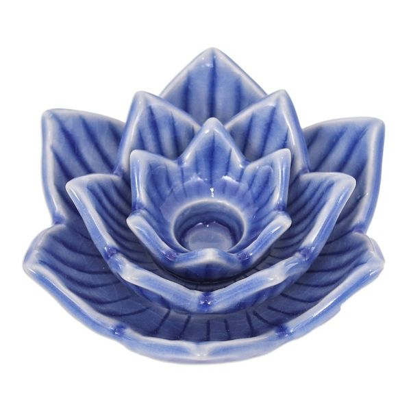 Alternate image for Blue Celadon Ceramic Candle Holder Handmade in Thailand Lotus Flower in Blue