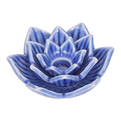 Alternate image for Blue Celadon Ceramic Candle Holder Handmade in Thailand Lotus Flower in Blue