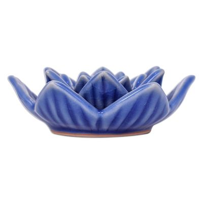 Alternate image for Blue Celadon Ceramic Candle Holder Handmade in Thailand Lotus Flower in Blue