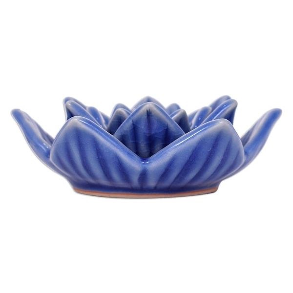 Alternate image for Blue Celadon Ceramic Candle Holder Handmade in Thailand Lotus Flower in Blue