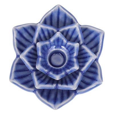 Alternate image for Blue Celadon Ceramic Candle Holder Handmade in Thailand Lotus Flower in Blue