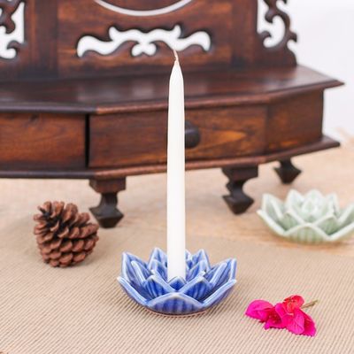 Alternate image for Blue Celadon Ceramic Candle Holder Handmade in Thailand Lotus Flower in Blue