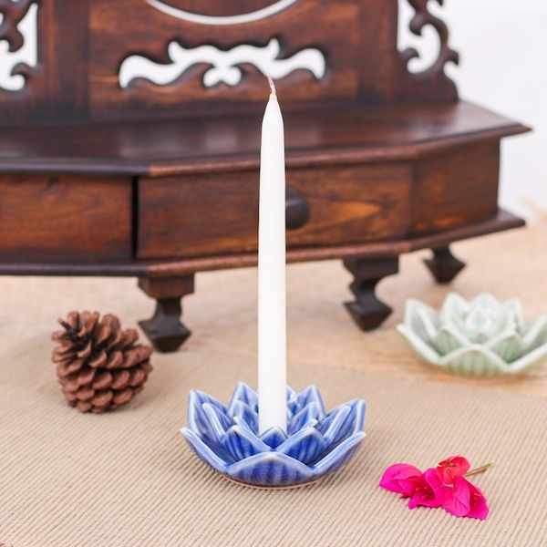 Alternate image for Blue Celadon Ceramic Candle Holder Handmade in Thailand Lotus Flower in Blue