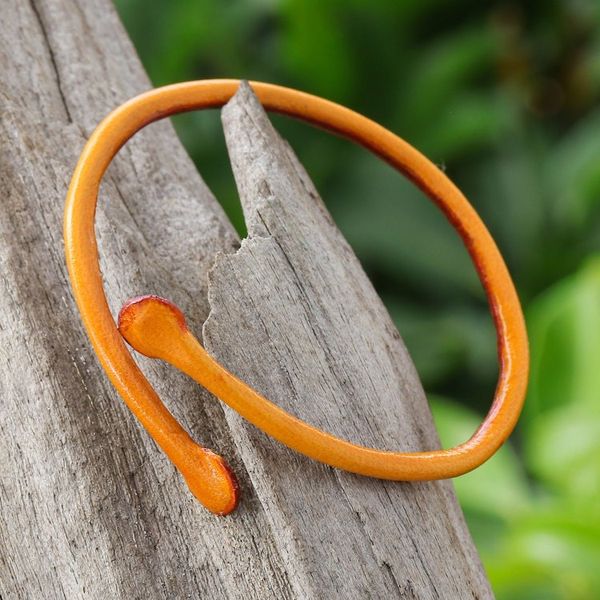Alternate image for Thai Handmade Unisex Dyed Leather Cuff Bracelet in Orange Young Bud in Orange