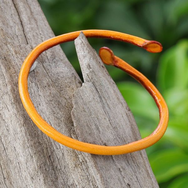 Alternate image for Thai Handmade Unisex Dyed Leather Cuff Bracelet in Orange Young Bud in Orange