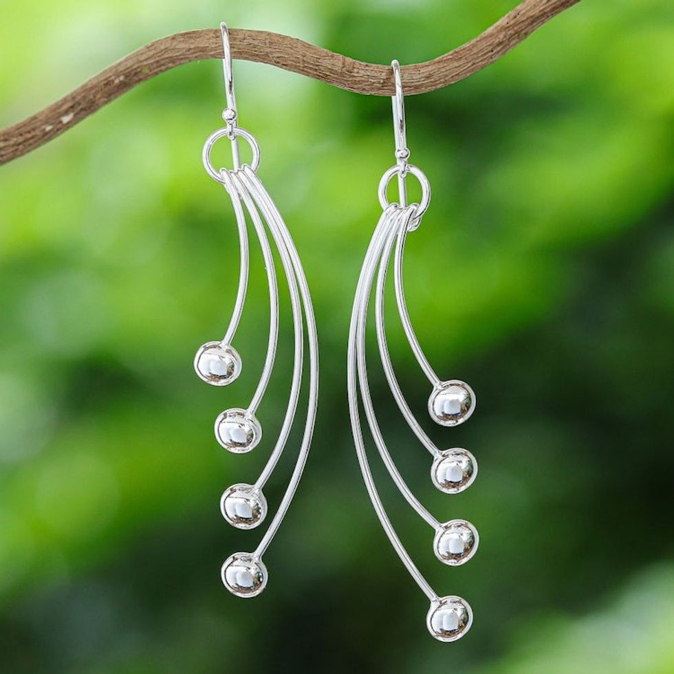 Sterling Silver Dangle Earrings with Modern Design 'Rain of Glances'