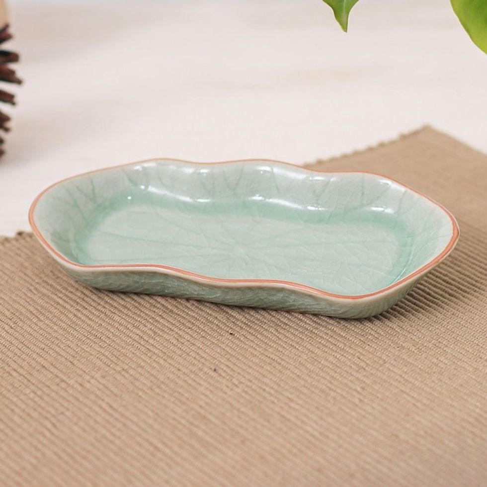 Green Handmade Celadon Ceramic Lotus Flower Serving Bowl 'Thai Lotus Leaf'