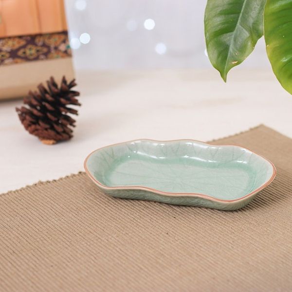 Alternate image for Green Handmade Celadon Ceramic Lotus Flower Serving Bowl Thai Lotus Leaf