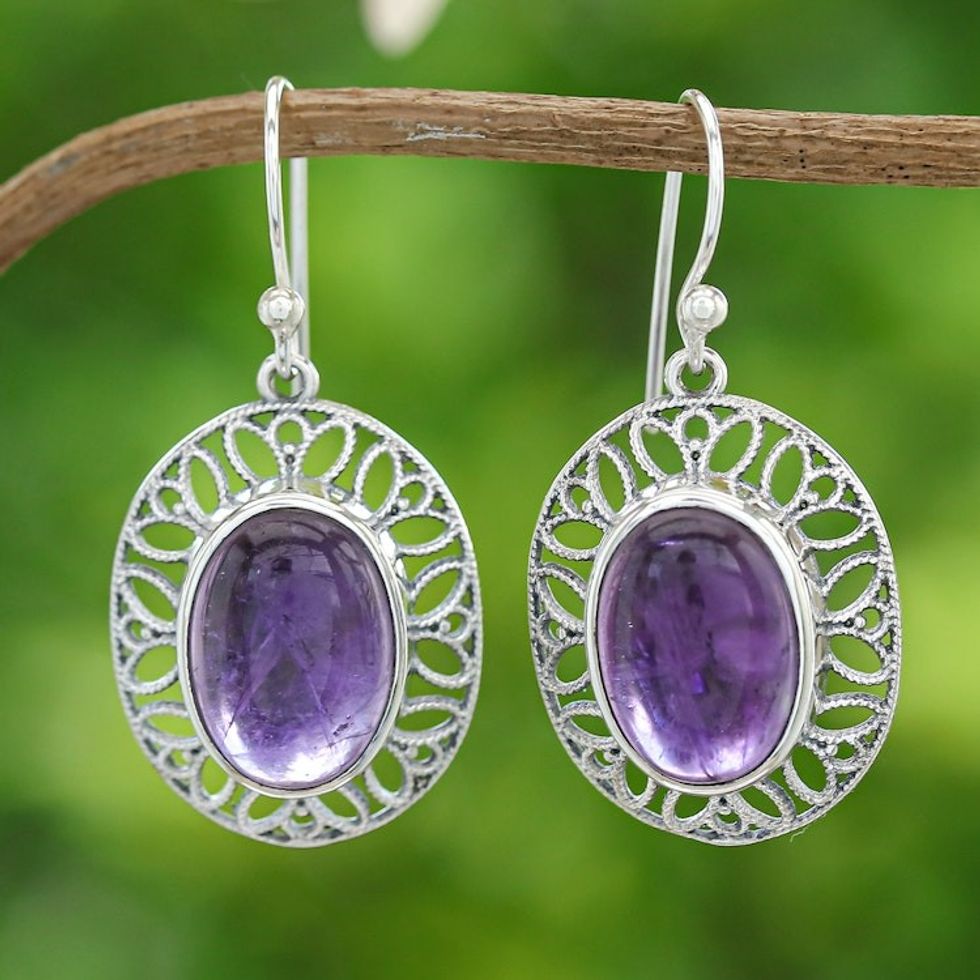 High Polished Floral Natural Amethyst Dangle Earrings 'Wise Lotus'
