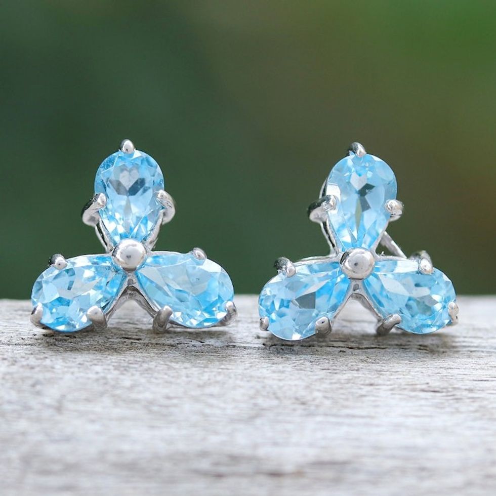 Clover-Themed Button Earrings with Two-Carat Blue Topaz Gems 'Loyalty Clover'