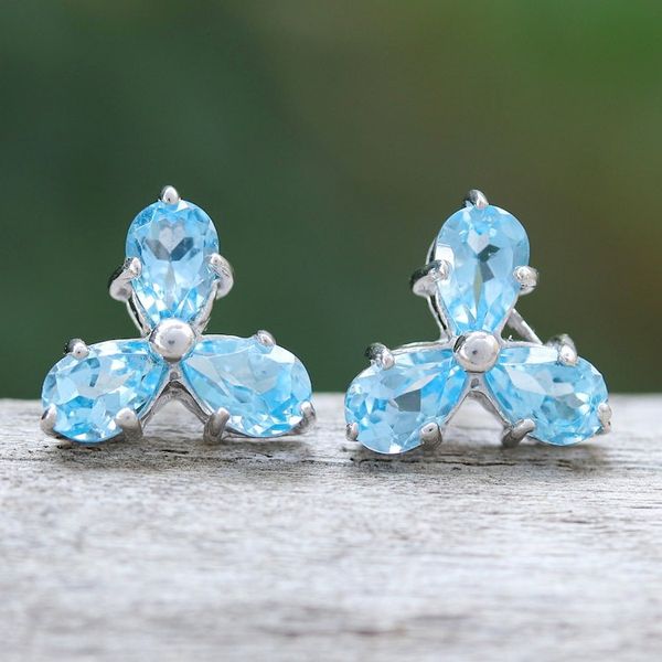 Alternate image for Clover-Themed Button Earrings with Two-Carat Blue Topaz Gems Loyalty Clover