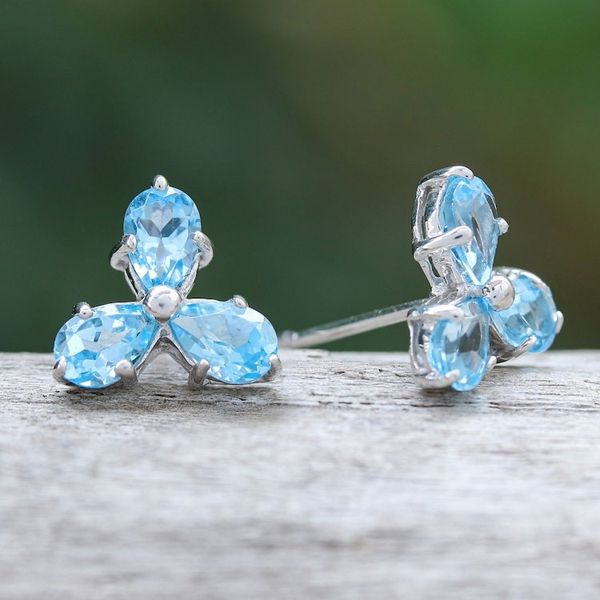 Alternate image for Clover-Themed Button Earrings with Two-Carat Blue Topaz Gems Loyalty Clover