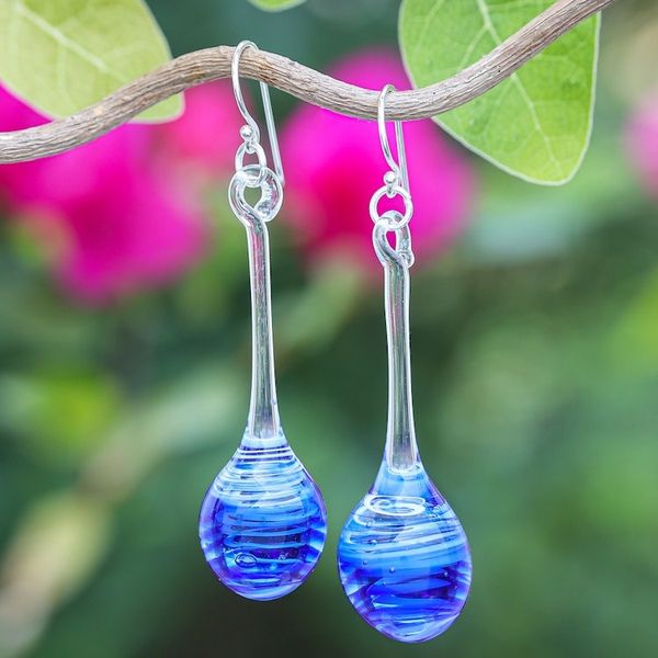Alternate image for Blue White Clear Handblown Glass Pendulum Dangle Earrings Petite Blue Pendulum