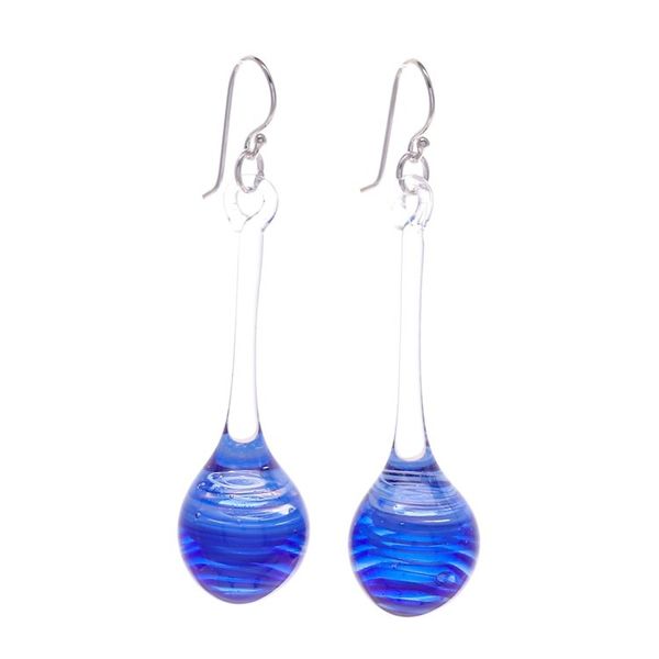 Alternate image for Blue White Clear Handblown Glass Pendulum Dangle Earrings Petite Blue Pendulum