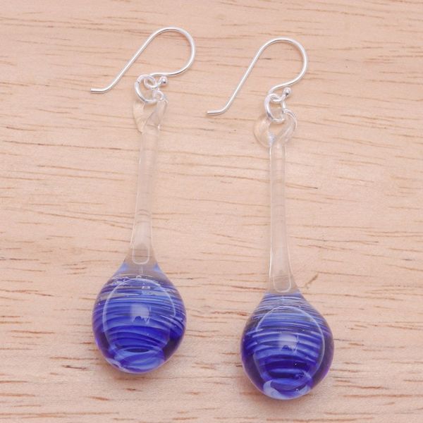 Alternate image for Blue White Clear Handblown Glass Pendulum Dangle Earrings Petite Blue Pendulum