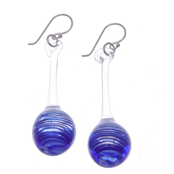 Alternate image for Blue White Clear Handblown Glass Pendulum Dangle Earrings Petite Blue Pendulum