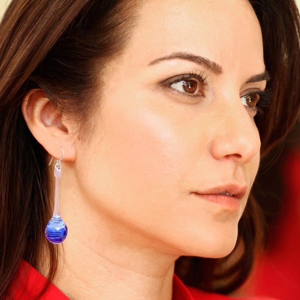 Alternate image for Blue White Clear Handblown Glass Pendulum Dangle Earrings Petite Blue Pendulum