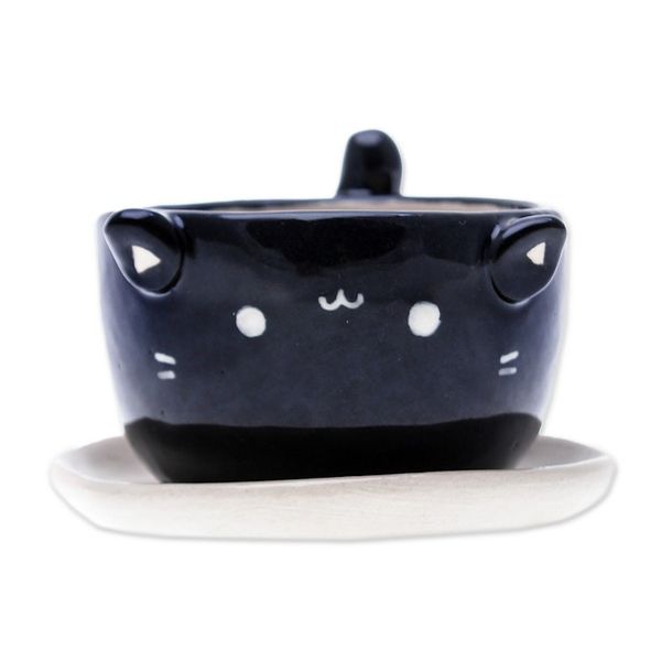 Alternate image for Cat-Themed Black Ceramic Mini Flower Pot with Ivory Saucer Kitty Splendor
