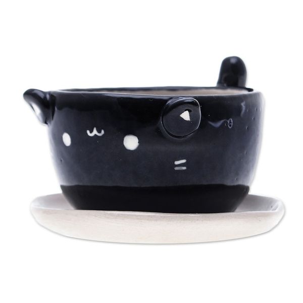 Alternate image for Cat-Themed Black Ceramic Mini Flower Pot with Ivory Saucer Kitty Splendor