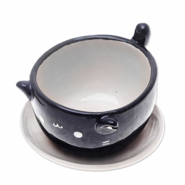 Alternate image for Cat-Themed Black Ceramic Mini Flower Pot with Ivory Saucer Kitty Splendor