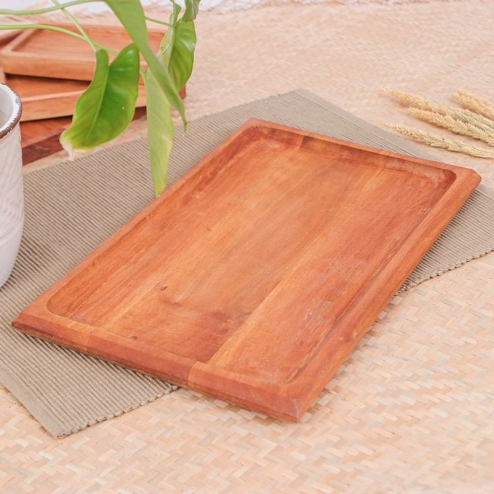 Hand-Carved Rectangle Longan Wood Tray in a Natural Brown 'Moments of Delight'