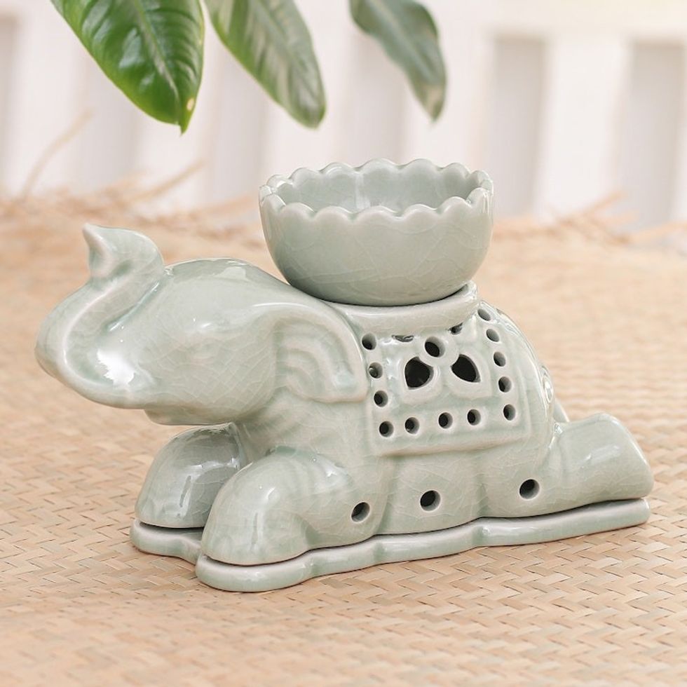 Handcrafted Celadon Oil Warmer 'Royal Elephant'