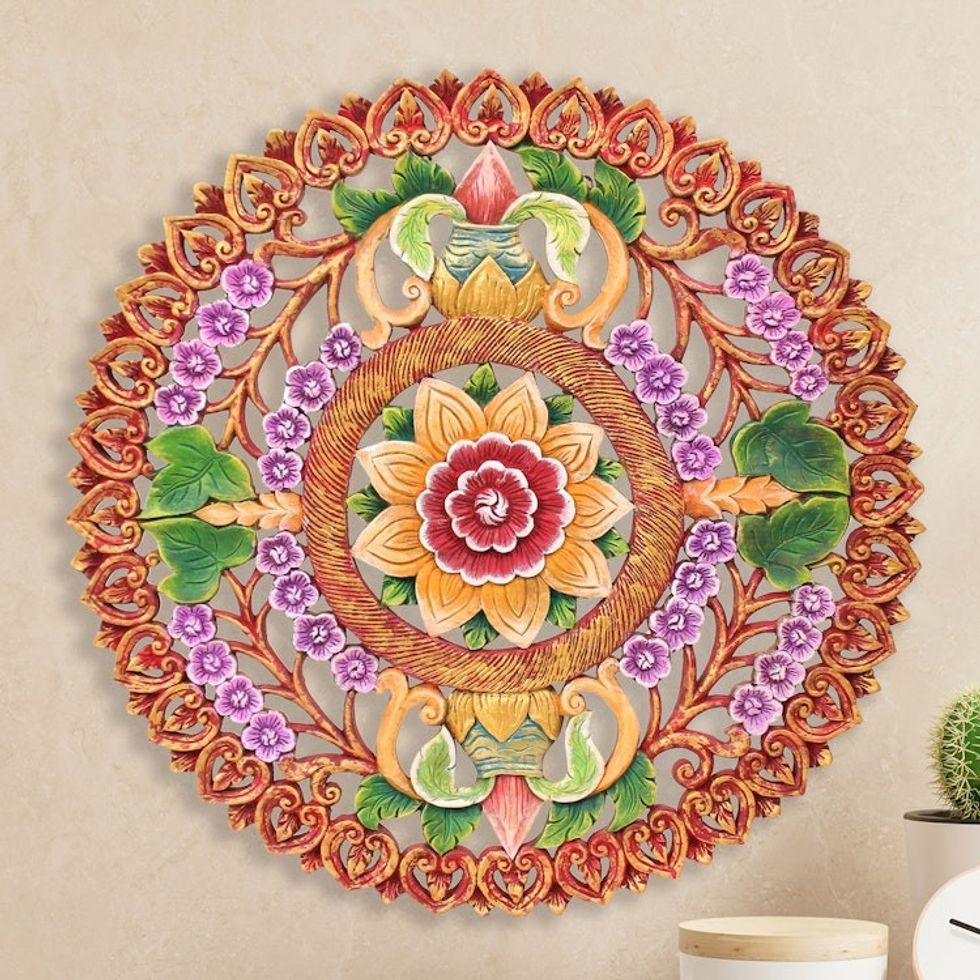 Hand Painted Circular Teak Wood Relief Panel from Thailand 'Splendid Garden'