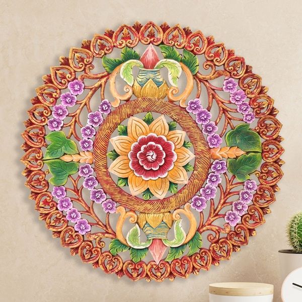 Alternate image for Hand Painted Circular Teak Wood Relief Panel from Thailand Splendid Garden