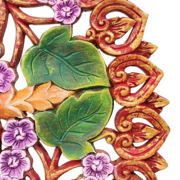 Alternate image for Hand Painted Circular Teak Wood Relief Panel from Thailand Splendid Garden