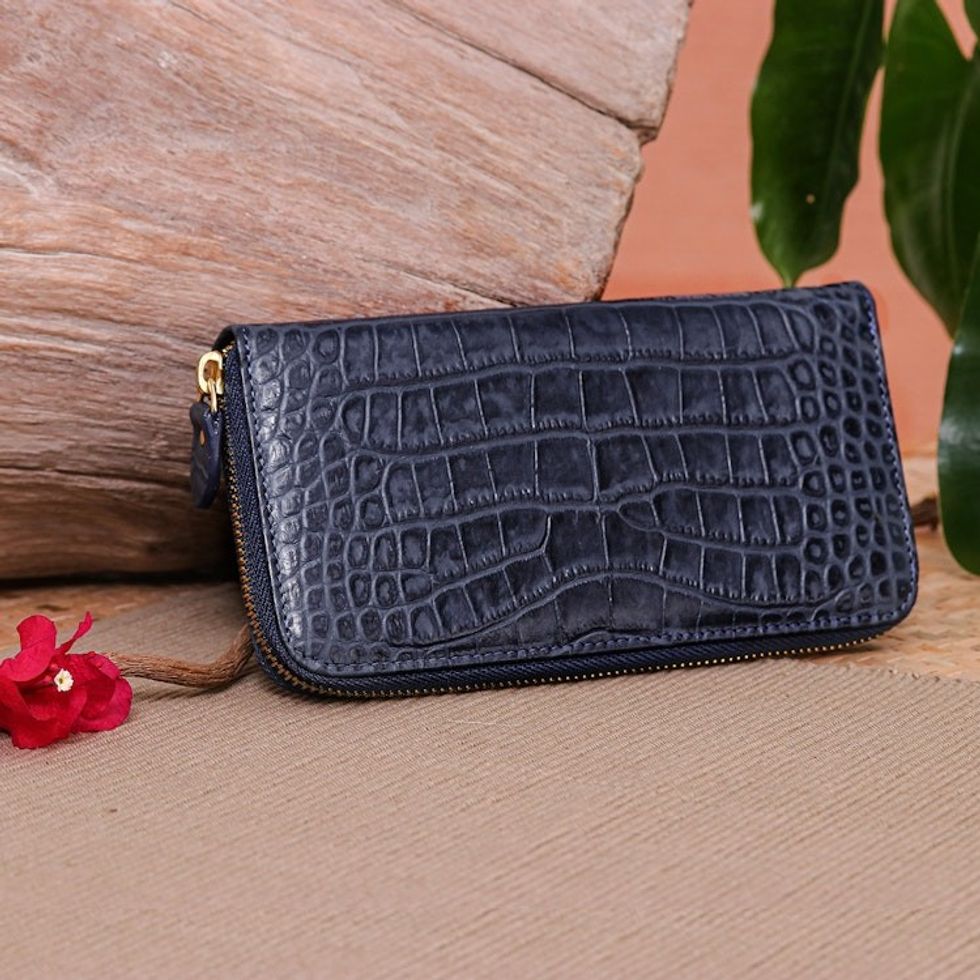 Alligator Print Blue Leather Wristlet Wallet with Strap 'Blue Safari'