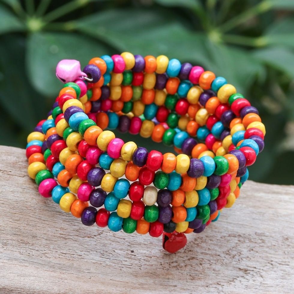 Multicolor Wood Beaded Wrap Bracelet with Bells 1.5 In 'Bubblegum Spin'
