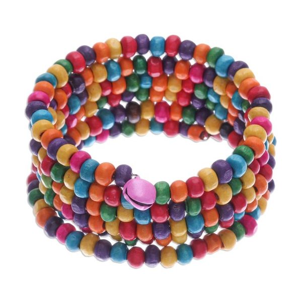 Alternate image for Multicolor Wood Beaded Wrap Bracelet with Bells 1.5 In Bubblegum Spin