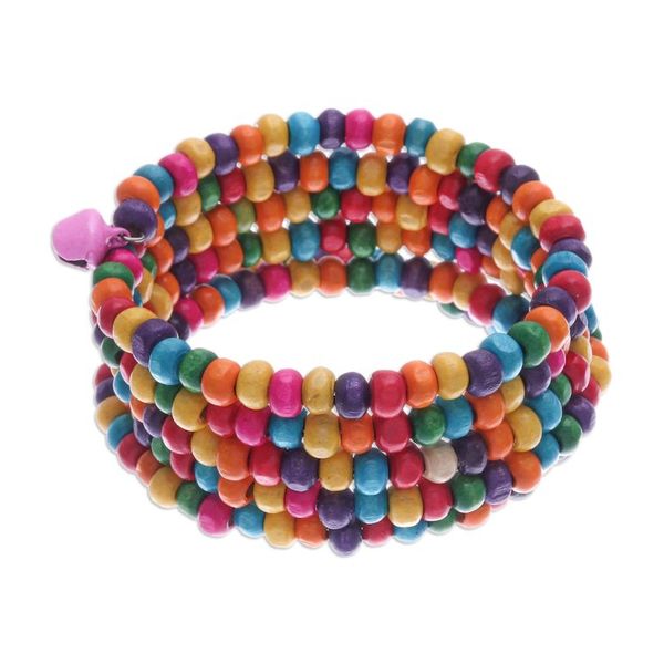 Alternate image for Multicolor Wood Beaded Wrap Bracelet with Bells 1.5 In Bubblegum Spin
