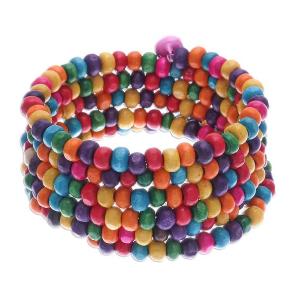Alternate image for Multicolor Wood Beaded Wrap Bracelet with Bells 1.5 In Bubblegum Spin