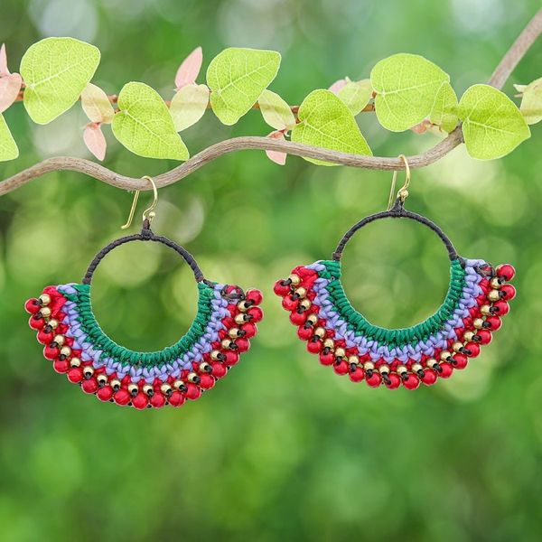 Alternate image for Green Macrame Dangle Earrings with Red Magnesite Beads Audacious Nimbus