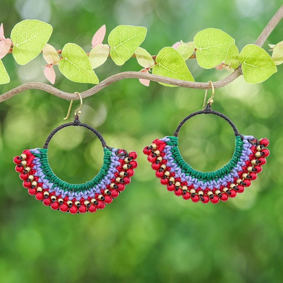 Green Macrame Dangle Earrings with Red Magnesite Beads 'Audacious Nimbus'