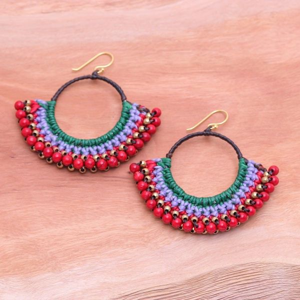 Alternate image for Green Macrame Dangle Earrings with Red Magnesite Beads Audacious Nimbus