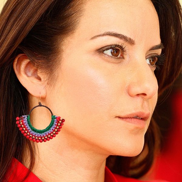 Alternate image for Green Macrame Dangle Earrings with Red Magnesite Beads Audacious Nimbus