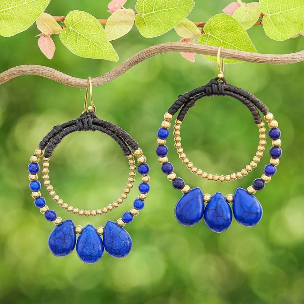 Brass and Dark Blue Magnesite Beaded Dangle Earrings 'The Dark Blue Tiara'