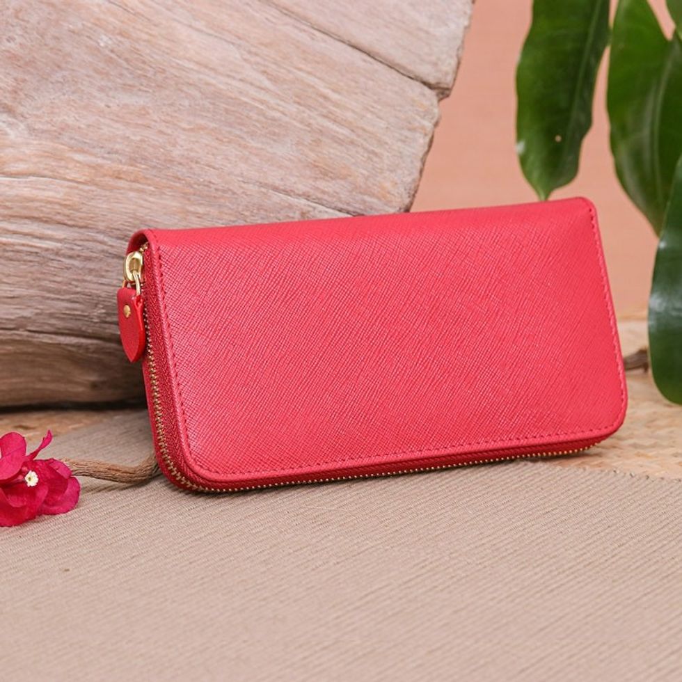 Handcrafted Crimson Leather Wristlet Wallet from Thailand 'Everyday Crimson'