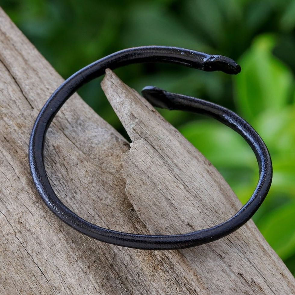 Unisex Black Dyed Leather Cuff Bracelet Handmade in Thailand 'Young Bud in Black'