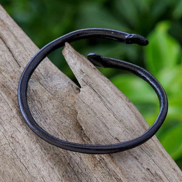 Alternate image for Unisex Black Dyed Leather Cuff Bracelet Handmade in Thailand Young Bud in Black