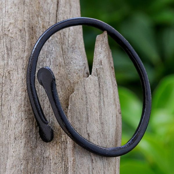 Alternate image for Unisex Black Dyed Leather Cuff Bracelet Handmade in Thailand Young Bud in Black