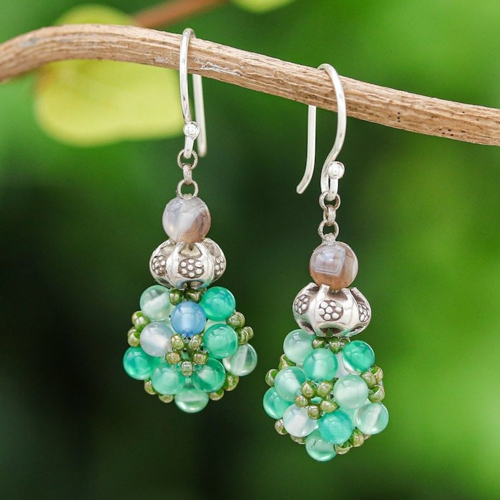 Green Chalcedony and Agate Cluster Beaded Dangle Earrings 'Breezy Spring'