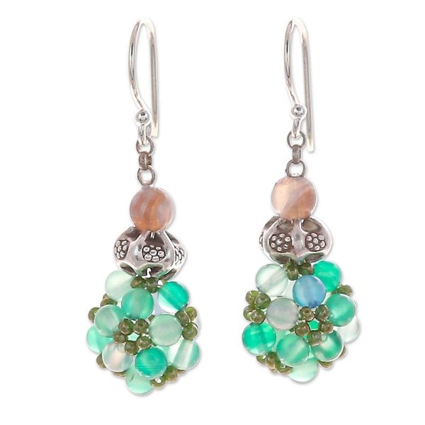 Alternate image for Green Chalcedony and Agate Cluster Beaded Dangle Earrings Breezy Spring