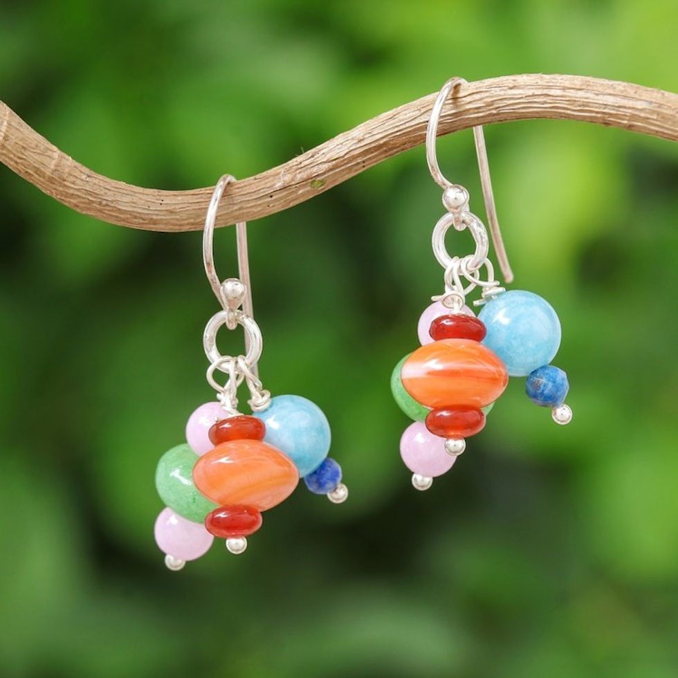 Thai Sterling Silver Multi Gemstone Beaded Dangle Earrings 'Fancy Stones'