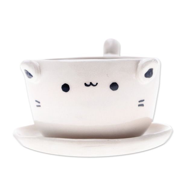 Alternate image for Handcrafted Ivory Ceramic Cat Mini Flower Pot with Saucer Kitty Grace