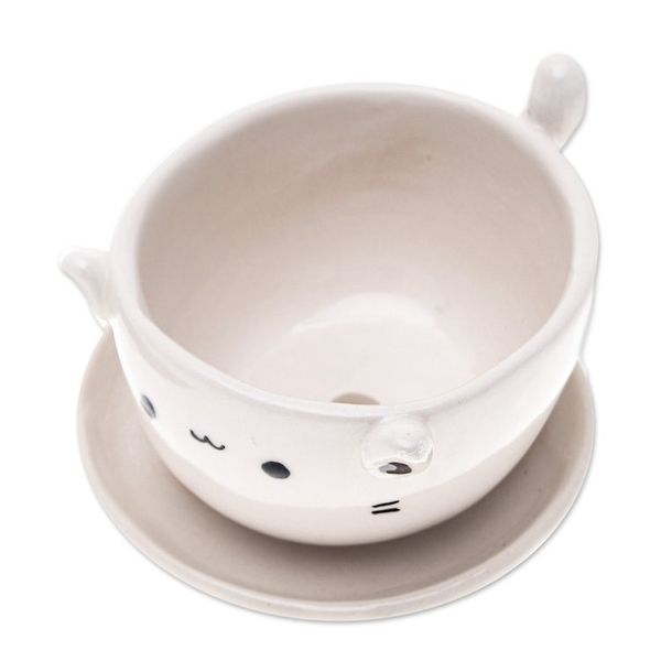 Alternate image for Handcrafted Ivory Ceramic Cat Mini Flower Pot with Saucer Kitty Grace